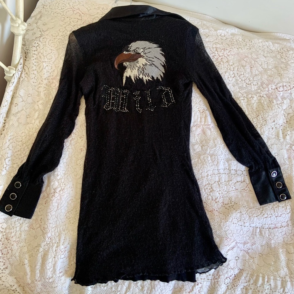 Cinema Donna vintage dress with Eagle embroidery and wild written in gemstones
